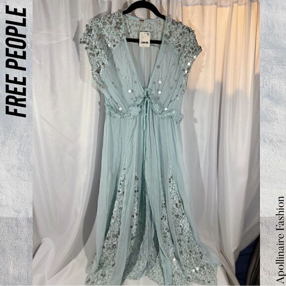 FREE PEOPLE MAKE A SPLASH SHEER SEQUINED COVERUP DRESS IN MERMAID COMBO NWT XS - Picture 8 of 10